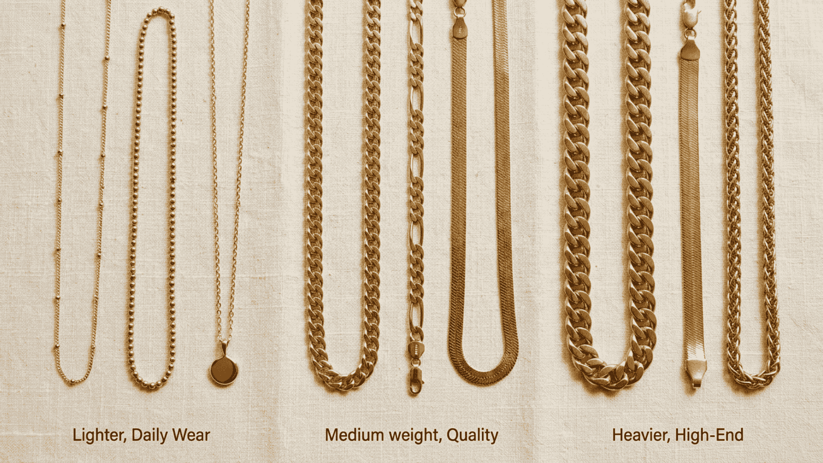 Display of gold jewelry pieces at various quality levels — solid gold, gold filled, gold plated, and gold vermeil — shown side by side on cream background