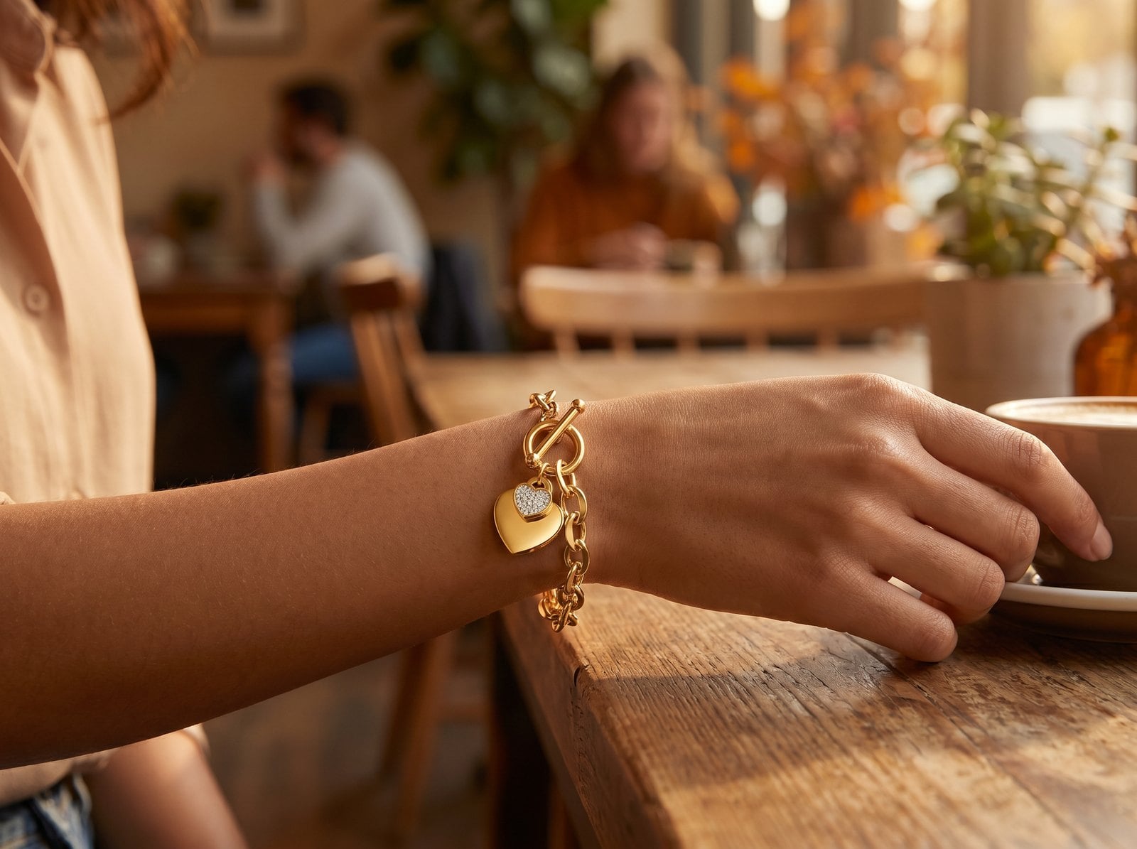 Gold plated charm bracelet with small heart and star charms on a substantial chain at a model's wrist