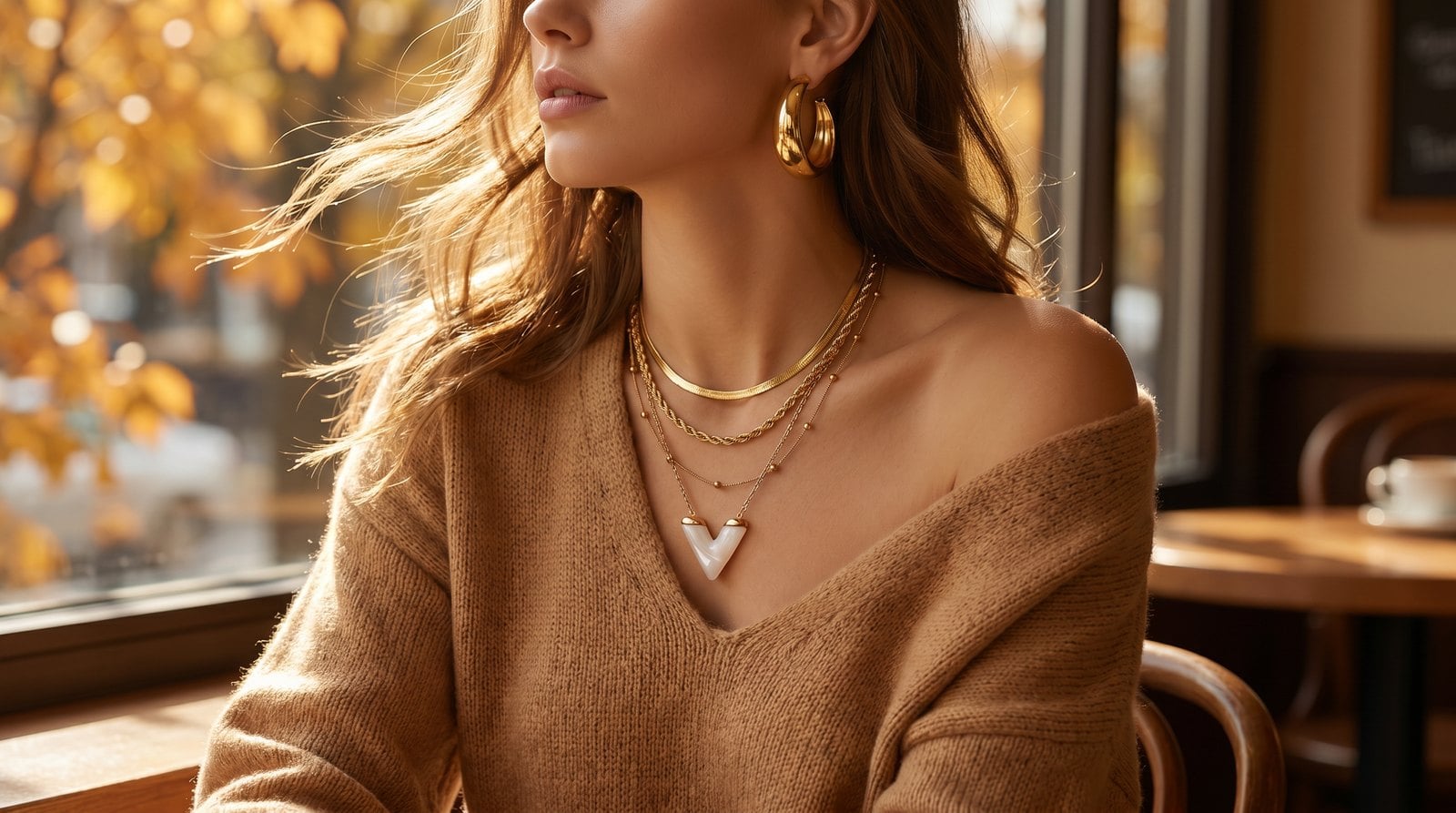 Model at a sunlit autumn cafe wearing layered gold plated chains of mixed thickness and an oversized hoop earring