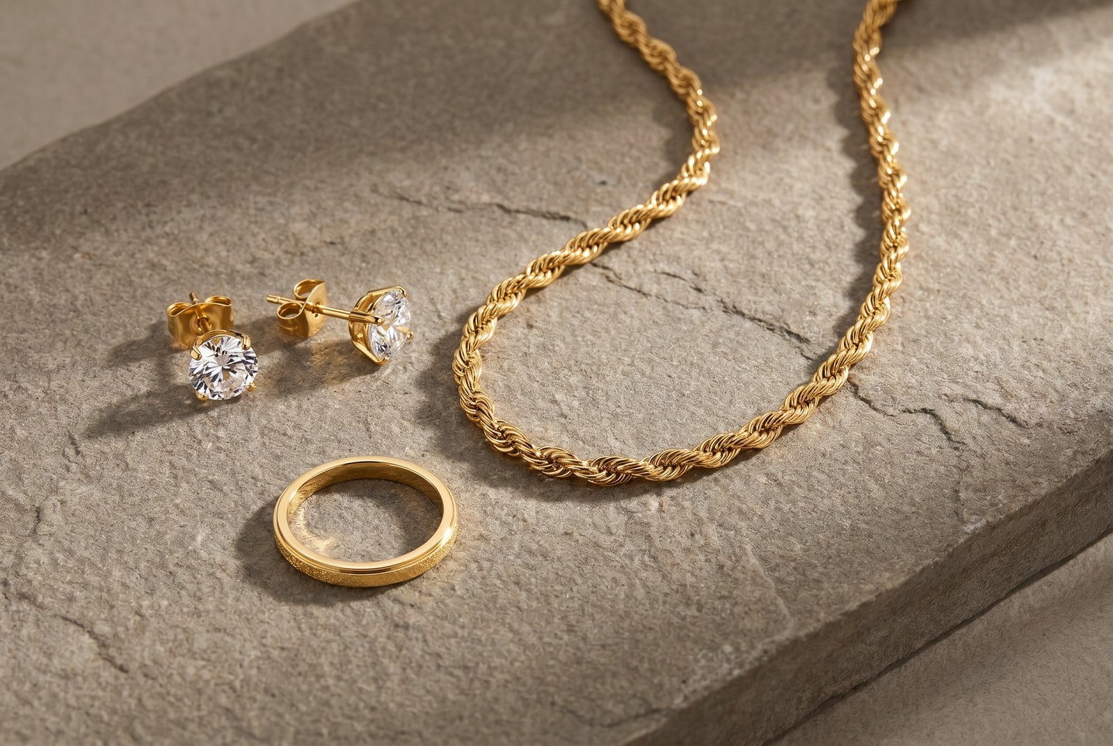 Flat-lay of three dainty gold-plated pieces — necklace, studs and ring — on warm neutral stone