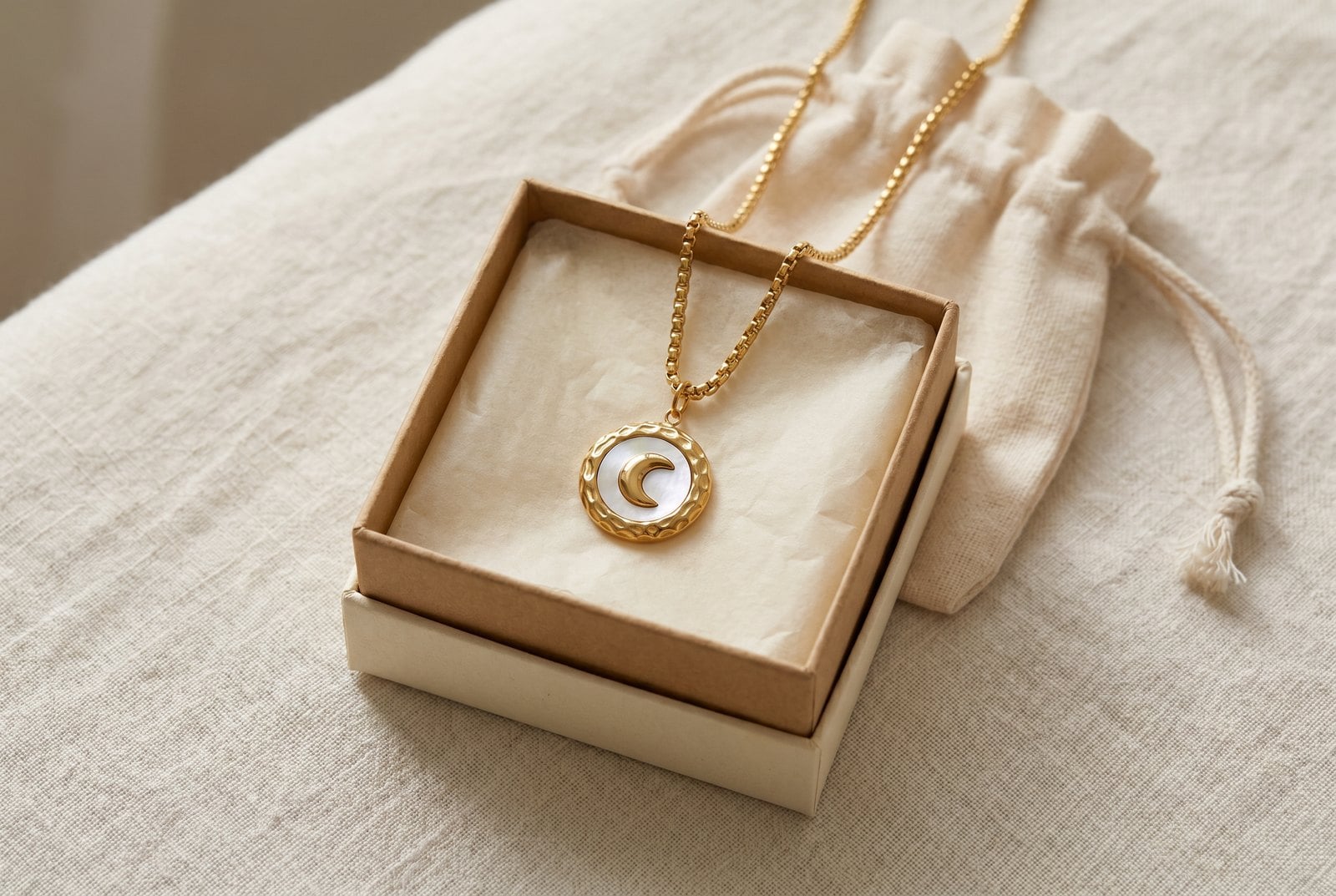 Dainty 18K gold-plated necklace nestled in minimal cream jewelry packaging with tissue and a fabric pouch