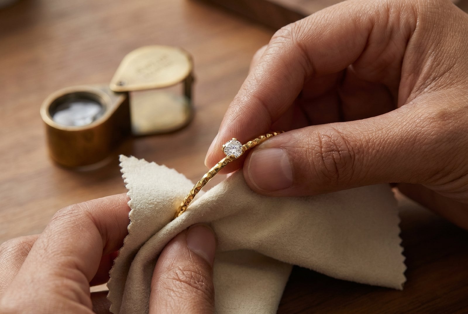 Warm-neutral-skinned hands polishing a finished 18K gold-plated bracelet with a soft cloth in a clean studio