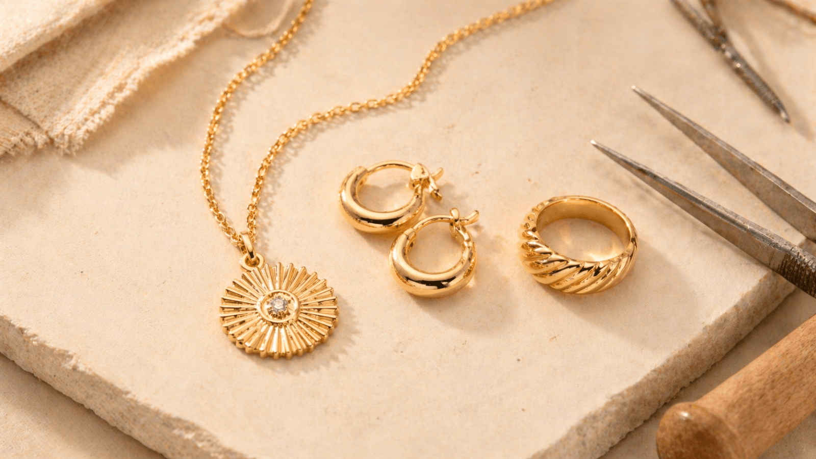 Close-up of gold plated stainless steel jewelry manufacturing process showing 316L base metal pieces and 18K gold plating finish on clean workshop surface