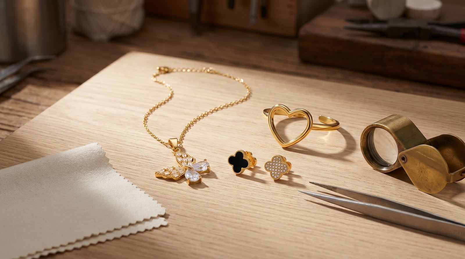 Warm studio still-life of dainty 18K gold-plated demi-fine jewelry beside clean jeweler's tools in soft daylight