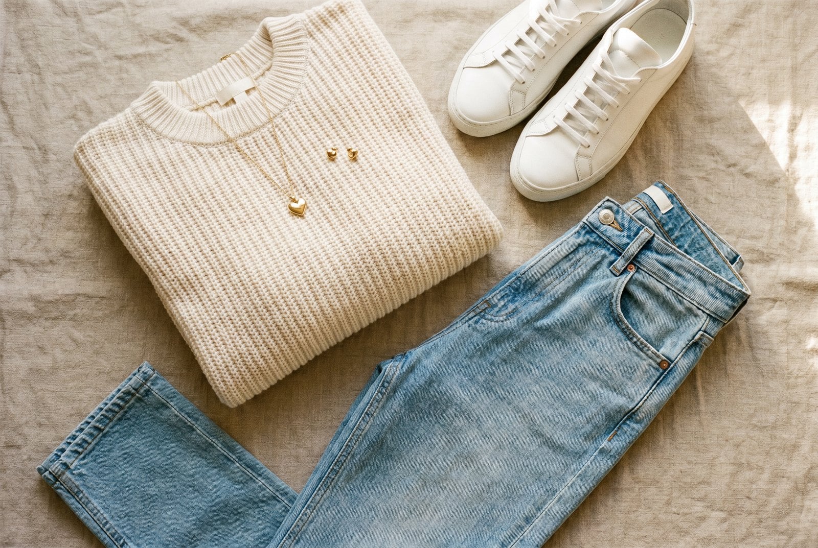 Minimalist daily outfit flat lay — cream knit, straight jeans, white sneakers, with a dainty gold heart necklace and studs