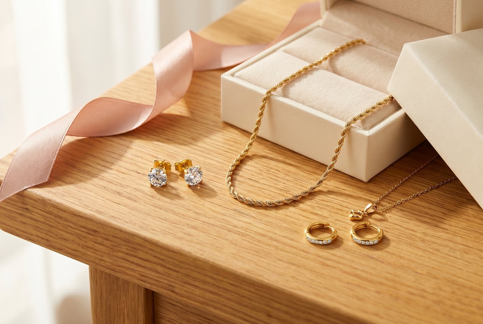Flat-lay of several dainty gold-plated gift pieces on warm wood beside an open cream gift box