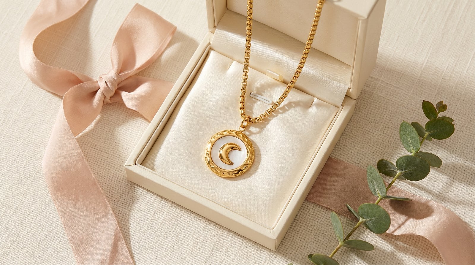 Dainty gold-plated pendant necklace nestled in an open cream gift box on linen with satin ribbon