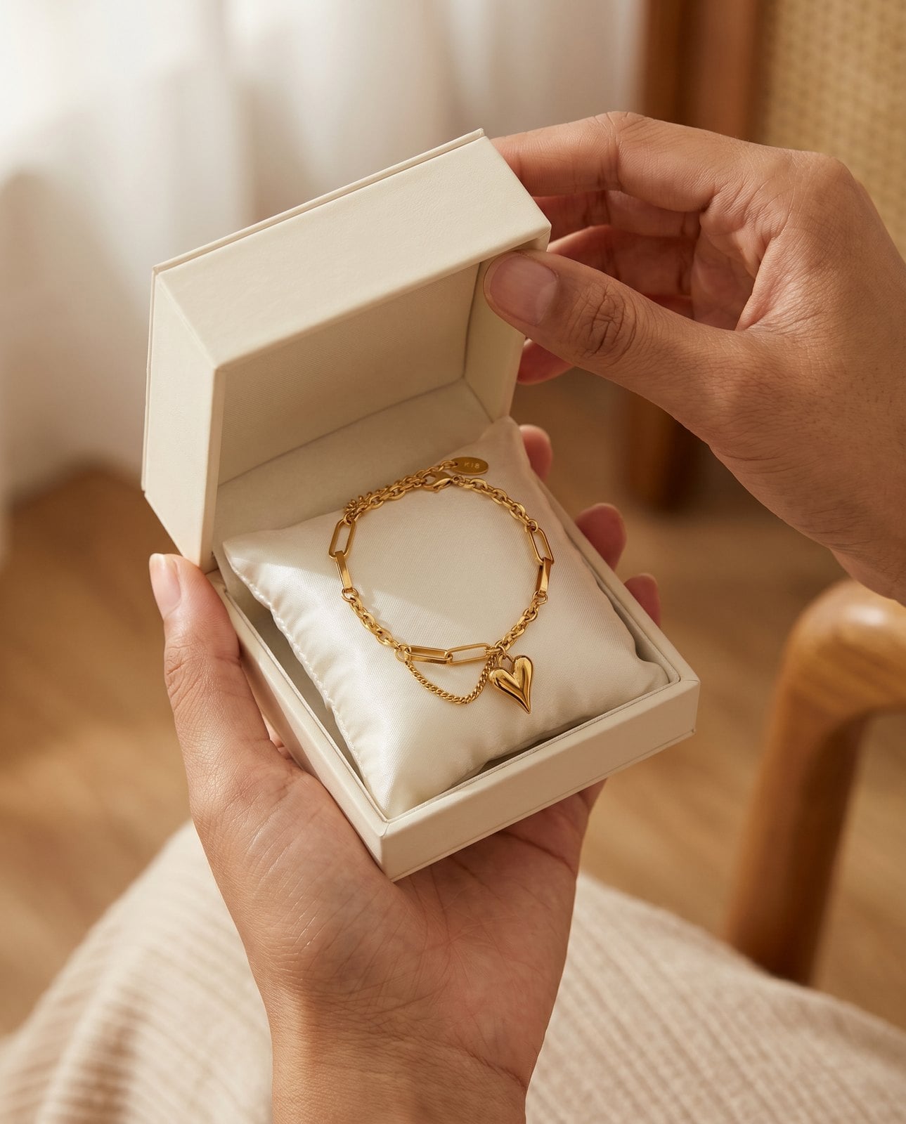 A hand presenting an open gift box holding a dainty gold-plated chain bracelet