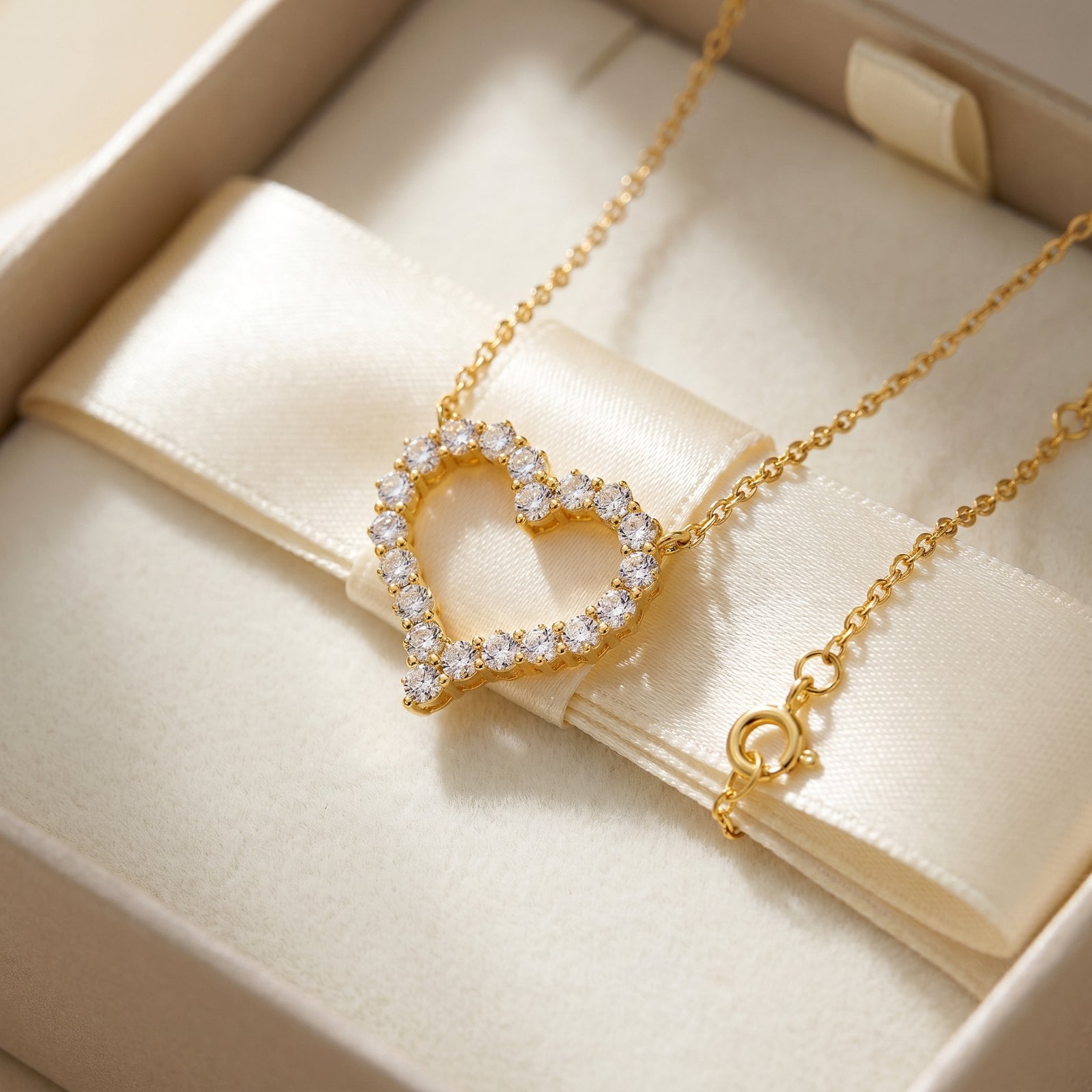 Extreme macro of a fine gold-plated pendant and chain resting on ivory satin ribbon in a box
