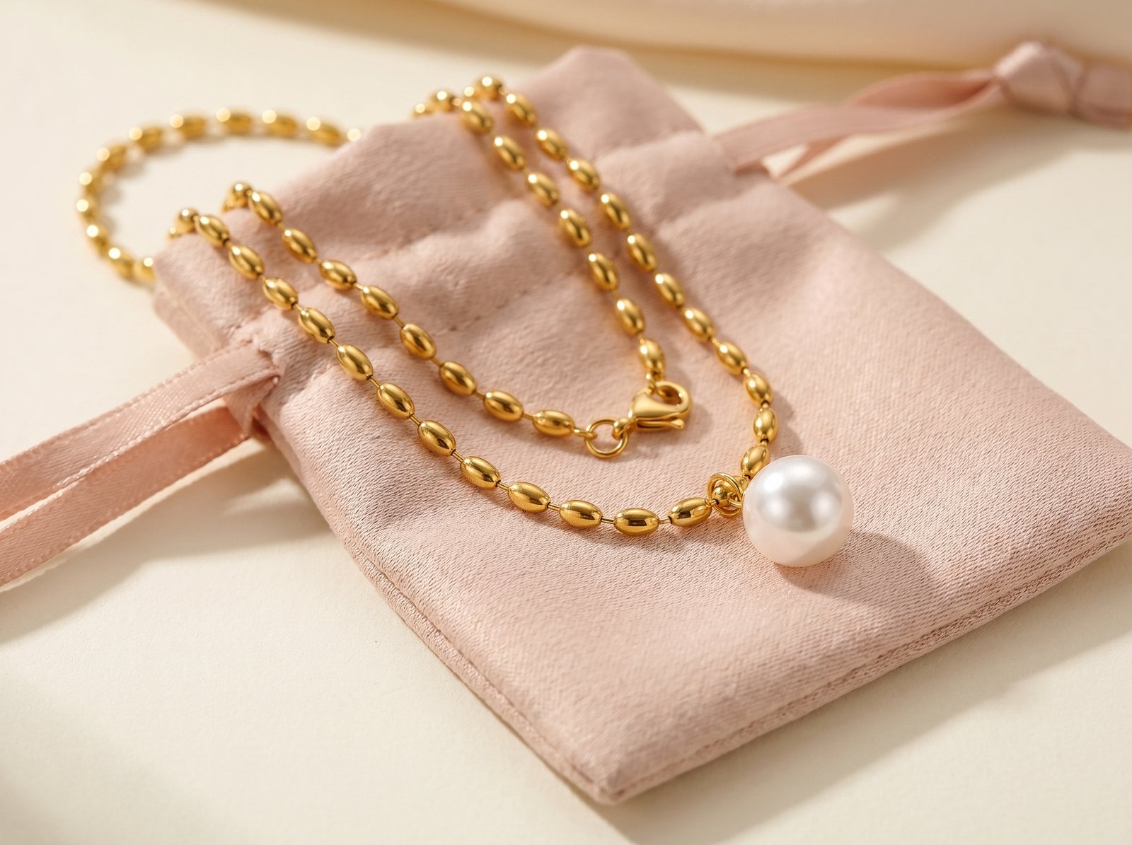 A single dainty gold-plated chain necklace laid across a soft blush gift pouch on cream