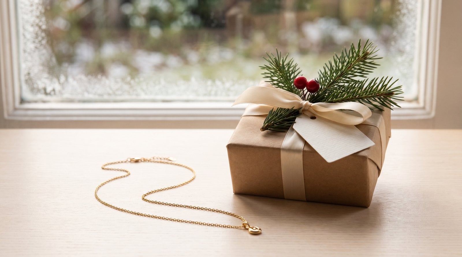 Kraft-wrapped jewelry gift box with pine sprig by a frosted window, dainty gold-plated necklace beside