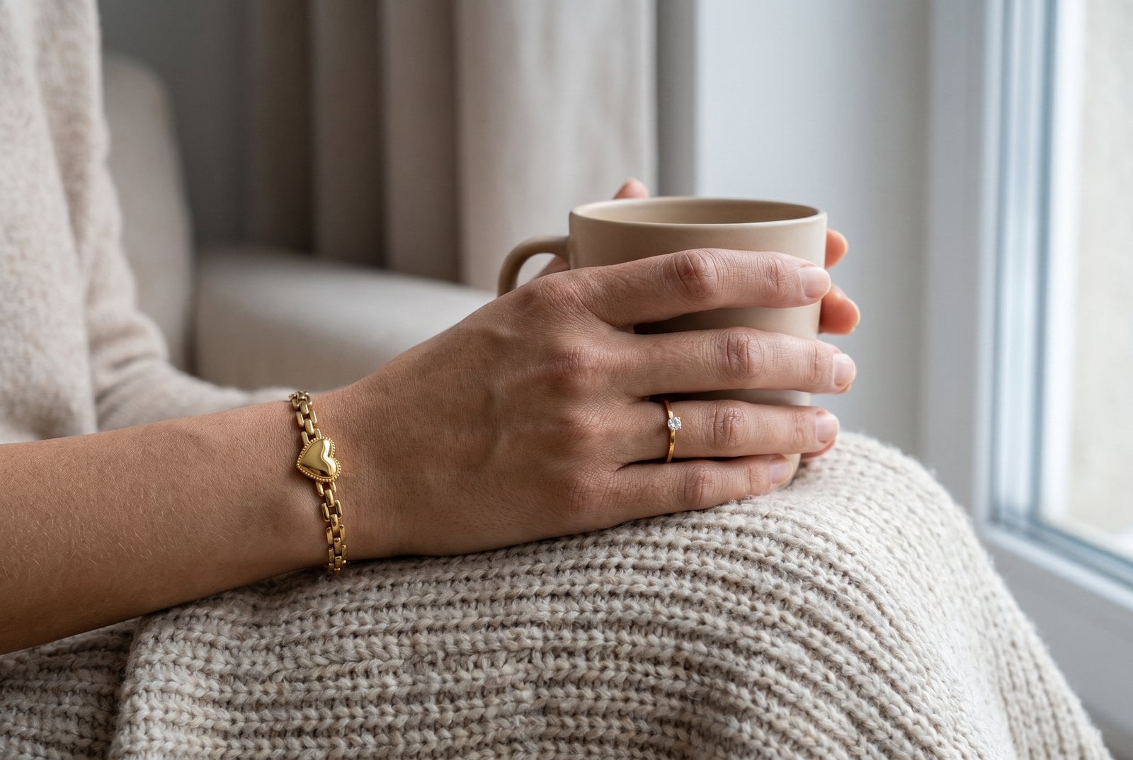 Hands wearing dainty gold-plated stainless steel jewelry in a calm, cool-lit home setting