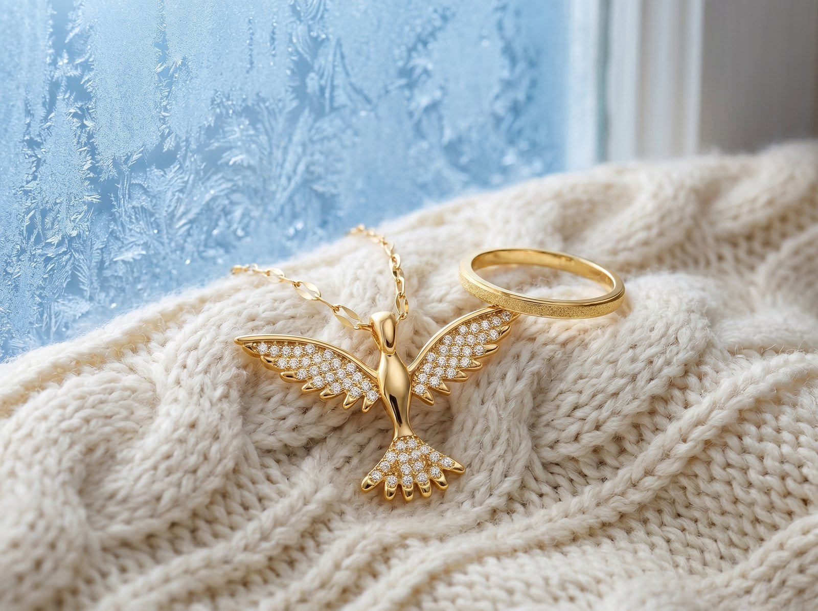 Dainty gold-plated necklace and ring resting on a cream knit sweater beside a frosted winter window.