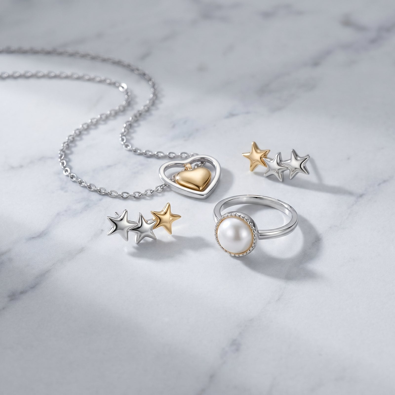 Flat-lay of paler cool-toned gold-plated pieces mixed with silver-tone jewelry on pale grey marble