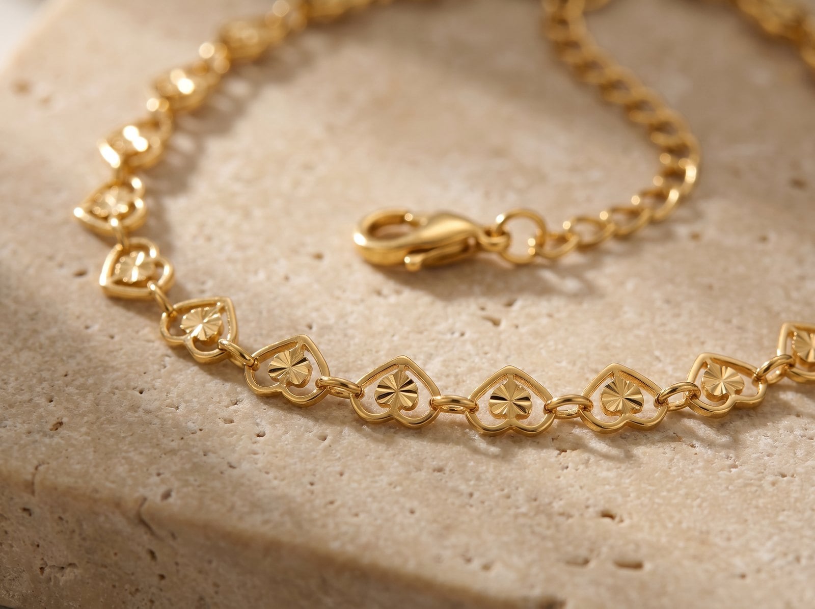 Single substantial gold-plated herringbone chain bracelet laid alone on warm stone, shown close up