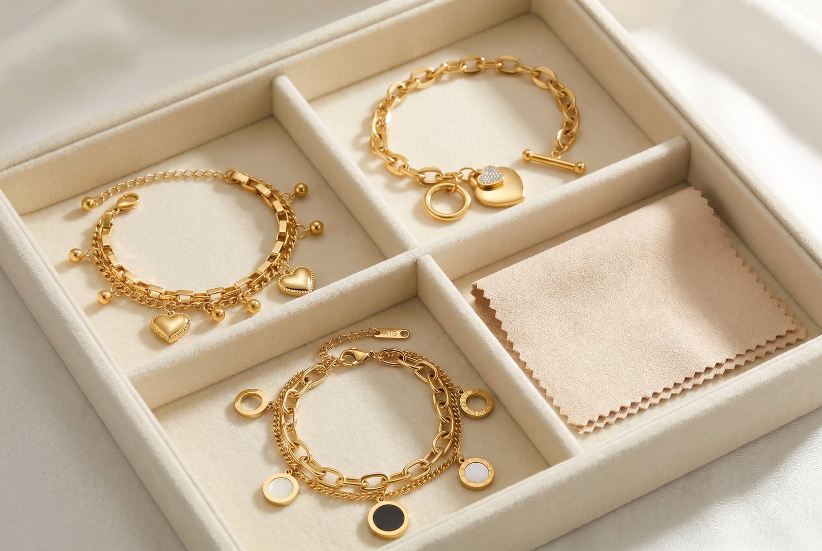 Gold-plated bracelets stored separately in the compartments of a cream divided jewelry tray beside a soft cloth