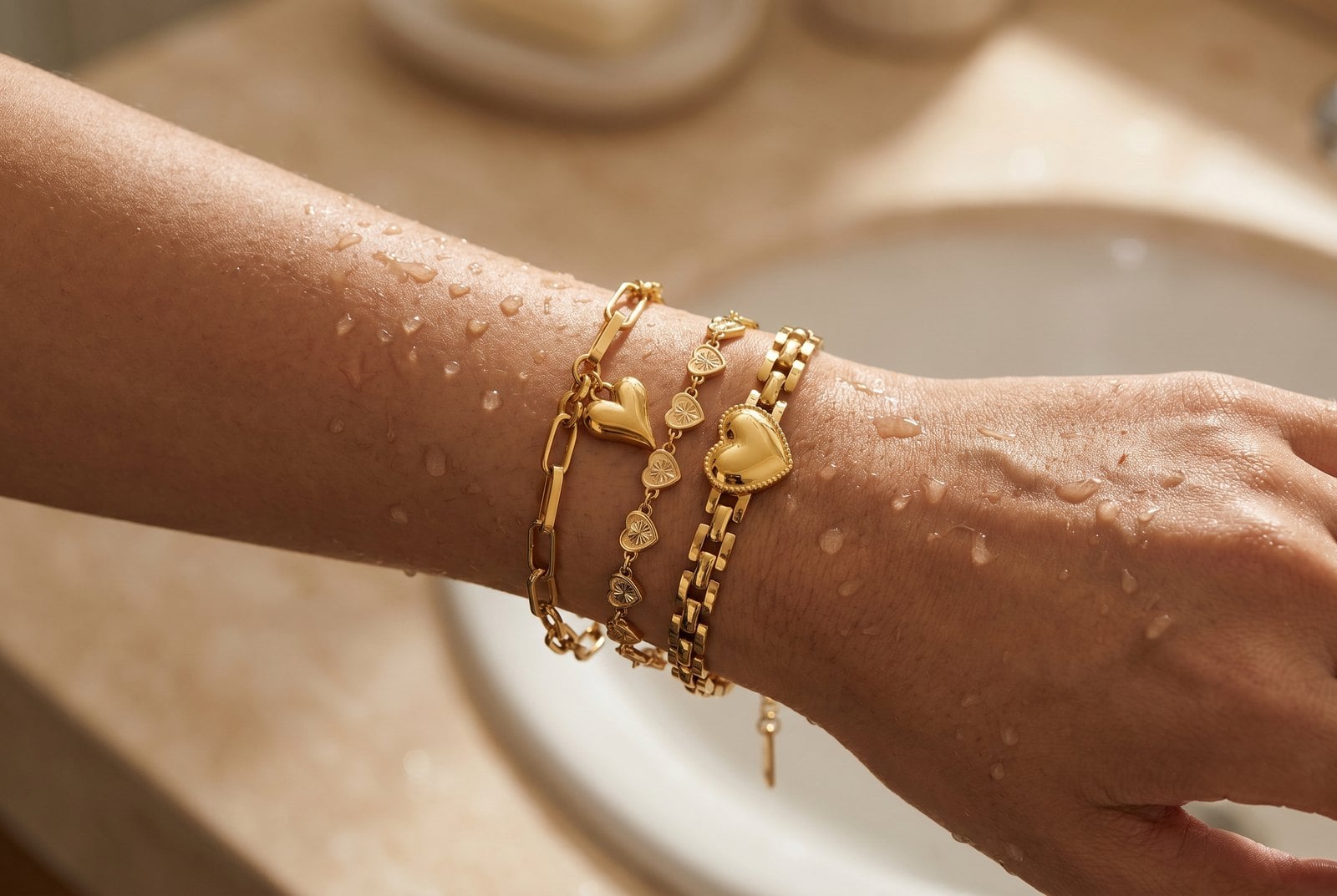 Gold-plated bracelet stack on a wrist with fresh water droplets on the skin as if just rinsed at a sink