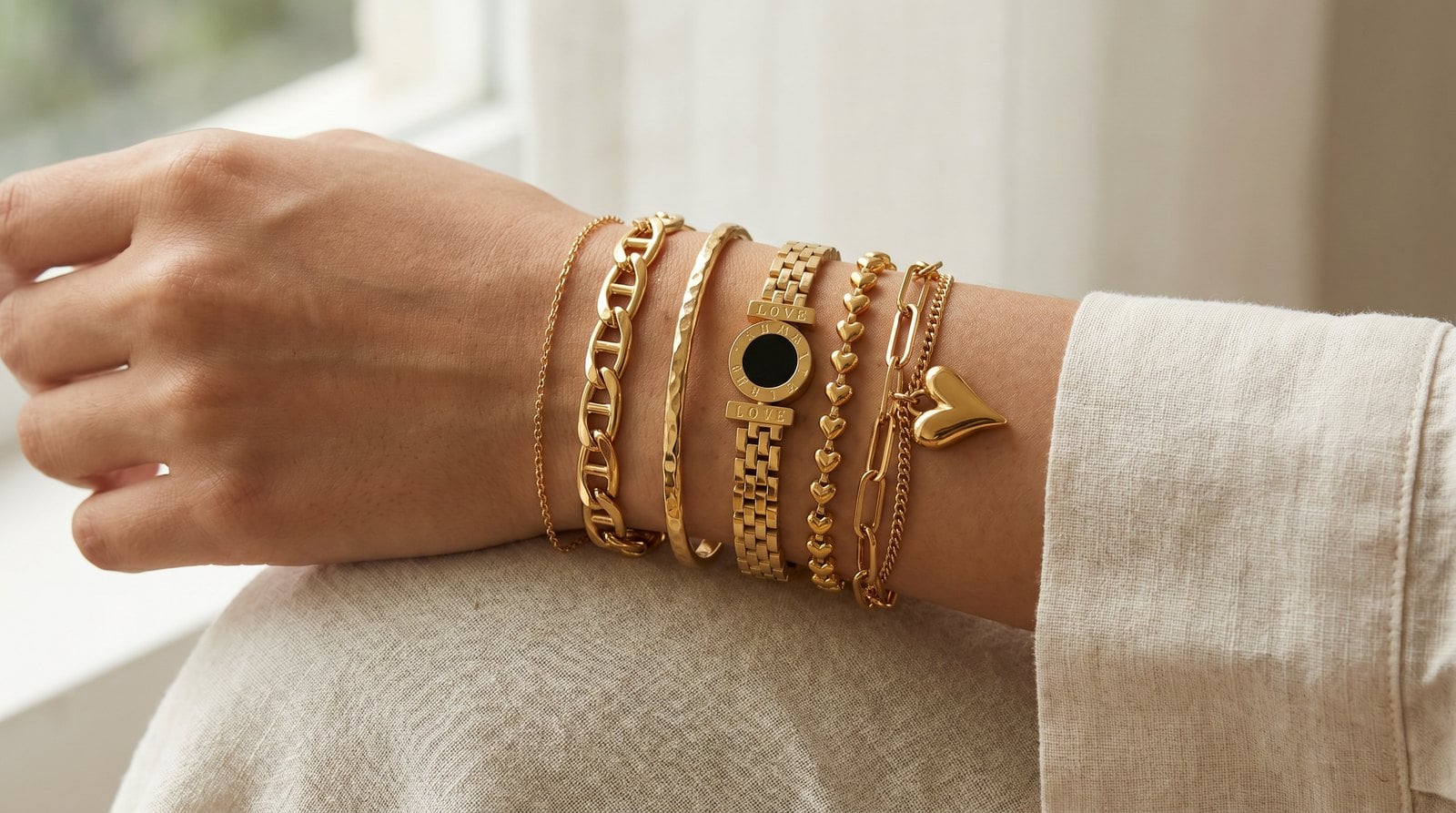 Warm-neutral wrist wearing a layered five-piece gold-plated bracelet stack with chain, bangle and charm pieces