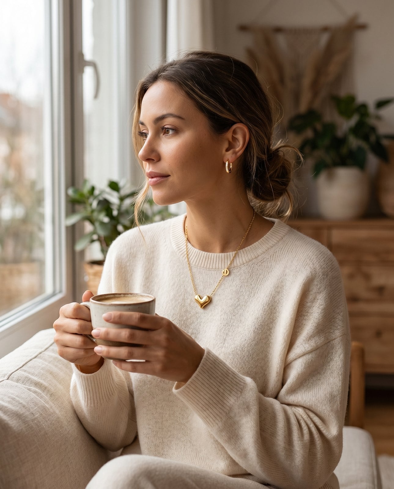 Woman by a window in a knit sweater wearing a dainty gold-plated necklace and hoops with coffee