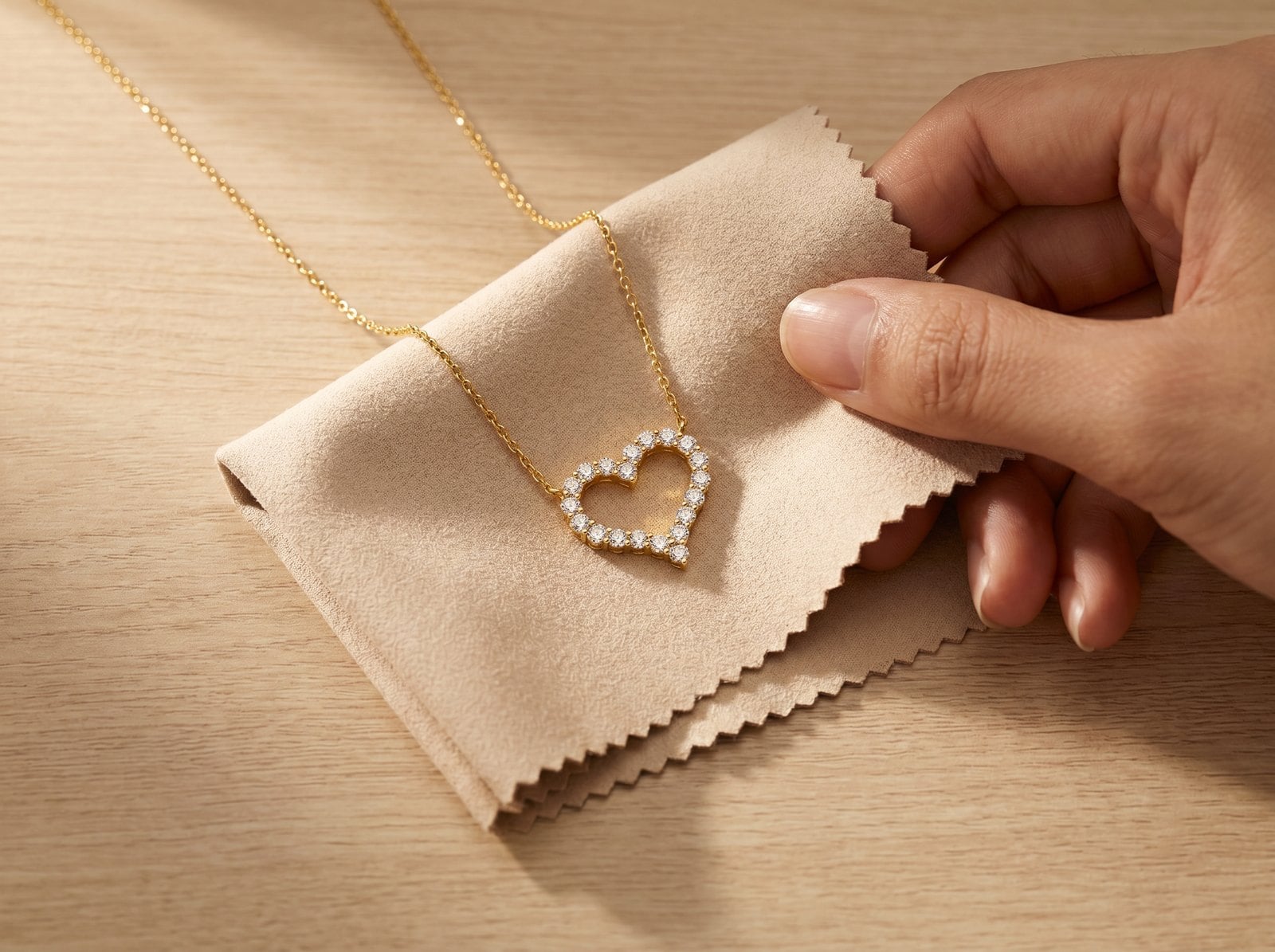 Dainty gold-plated necklace on a soft polishing cloth over pale wood, mid gentle wipe
