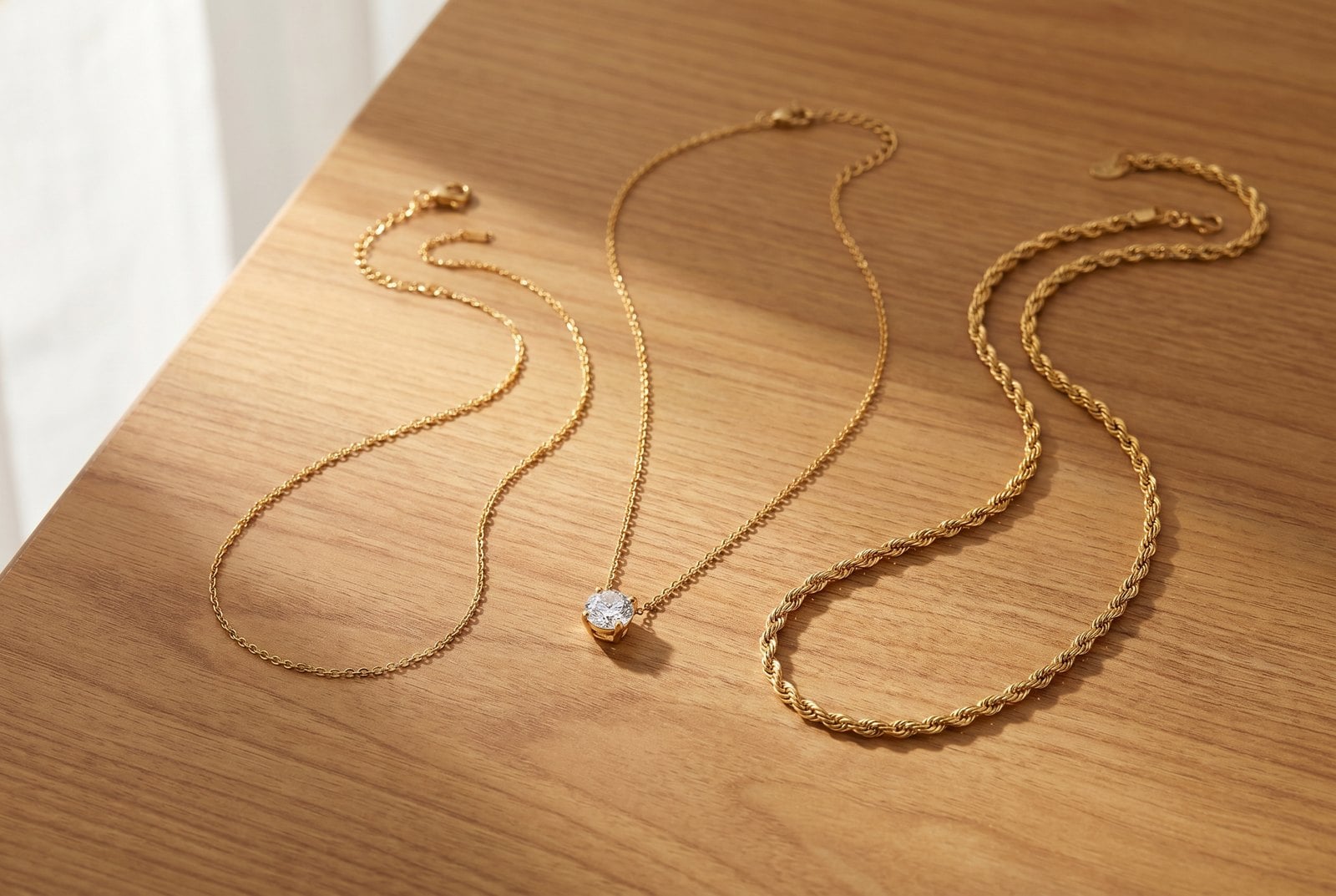 Flat-lay on warm wood of three gold necklaces: an 18-inch pendant, 16-inch chain and 22-inch chain