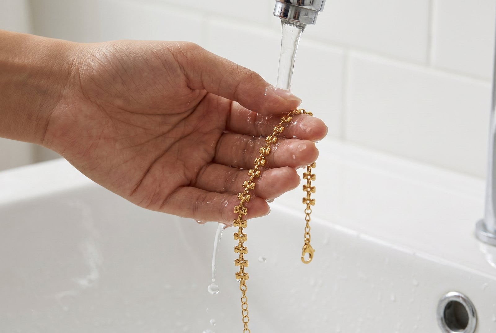 Dainty gold plated bracelet held under running tap water for a quick rinse after a workout
