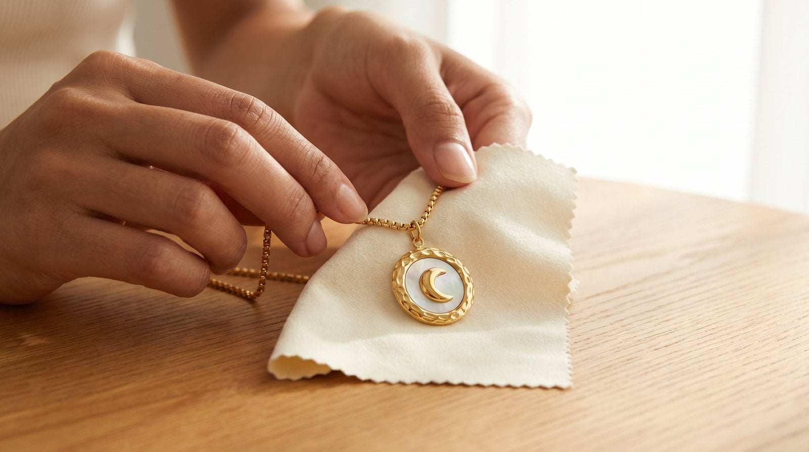 Hands gently buffing a dainty gold plated pendant necklace with a soft cloth in warm window light