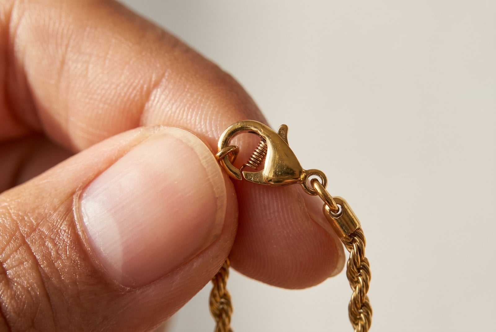Fingertips holding a dainty gold plated lobster clasp to inspect the spring mechanism up close