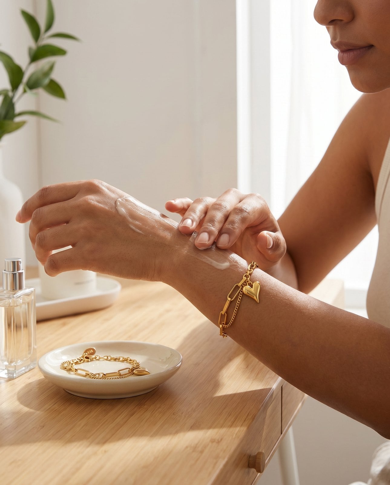 Woman applying lotion to her bare wrist with a dainty gold plated bracelet set aside on the vanity