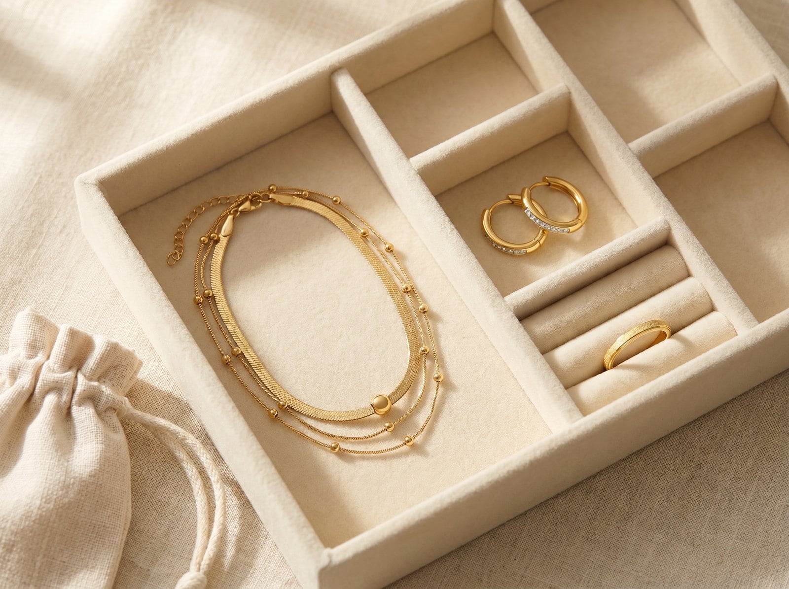 Dainty gold plated necklace, earrings, and ring stored separately in a velvet-lined jewelry tray with a soft pouch