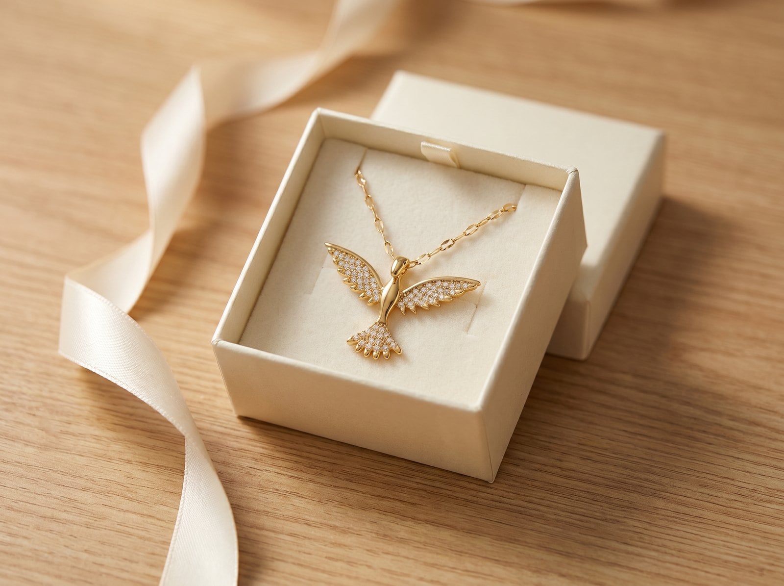 A single gold-plated symbol pendant nestled in an open gift box on a wooden surface with soft ribbon