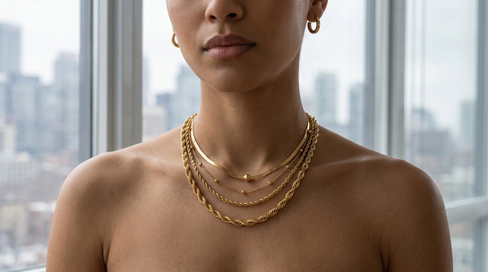 Toronto woman in a city loft wearing layered gold-plated chains and small hoops in cool daylight