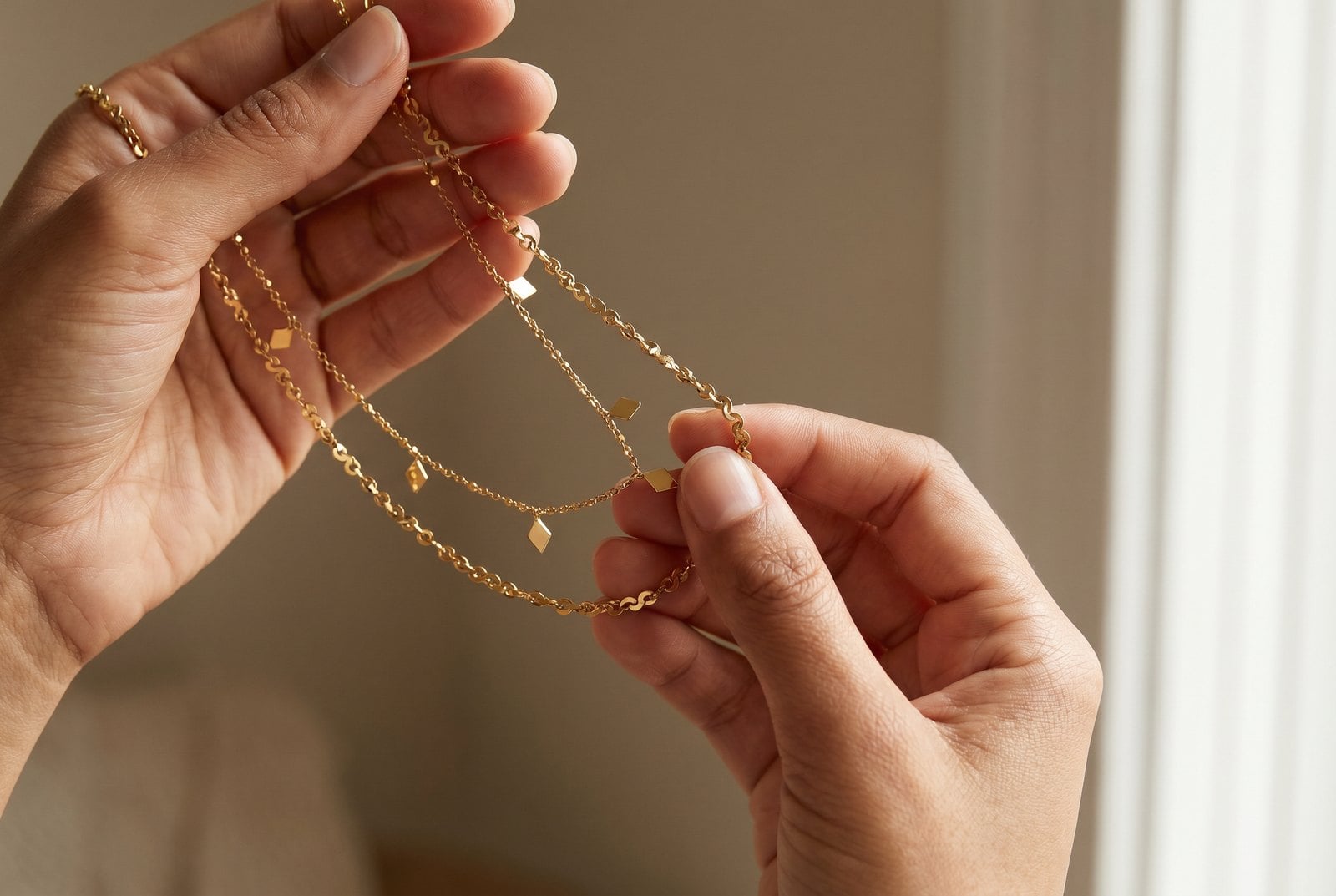Two hands holding a dainty 18K gold-plated chain up to window light to inspect the plating and clasp