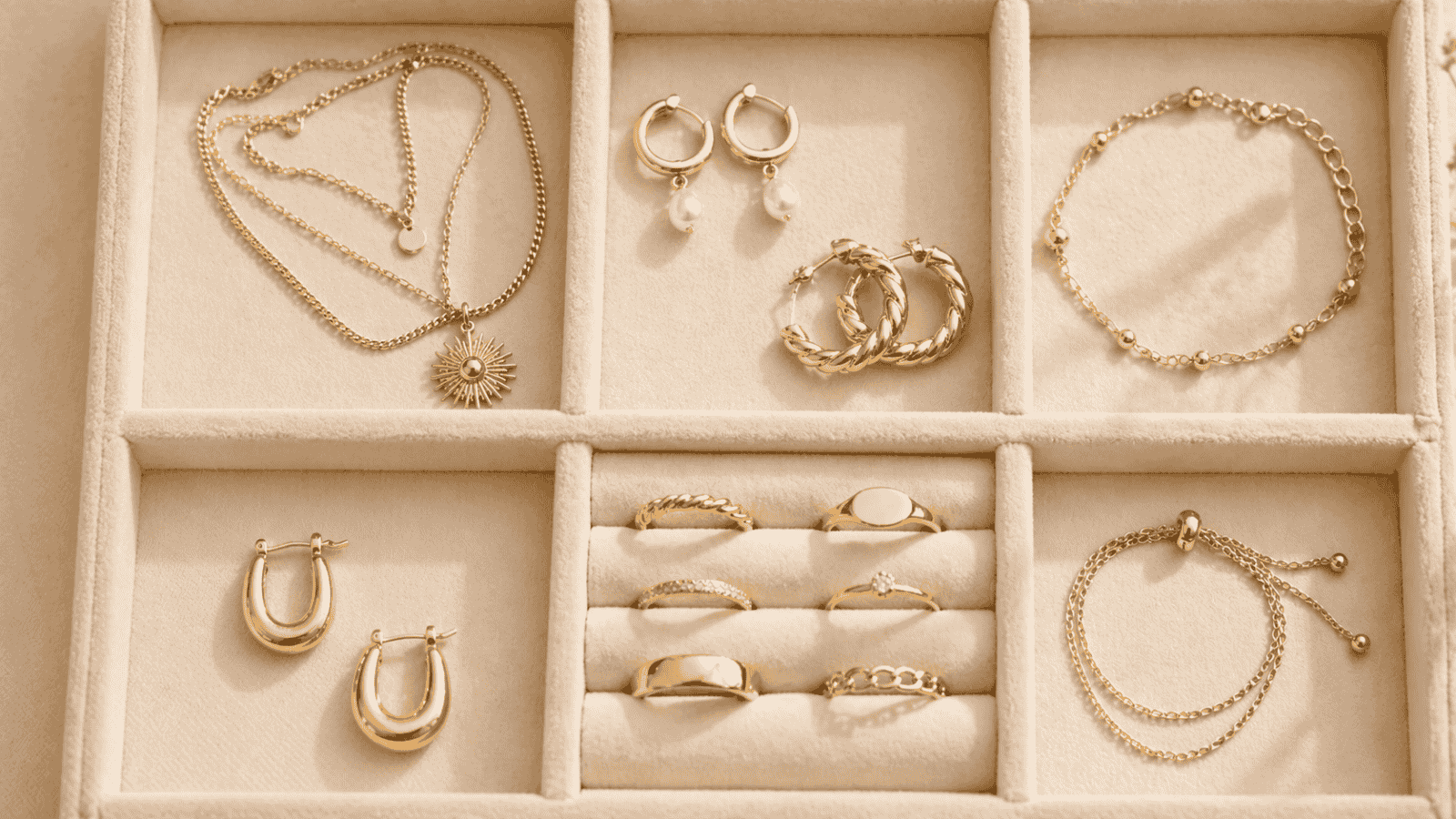 Gold plated jewelry pieces carefully stored in a soft velvet jewelry tray with separate compartments showing proper care storage for long-lasting plating