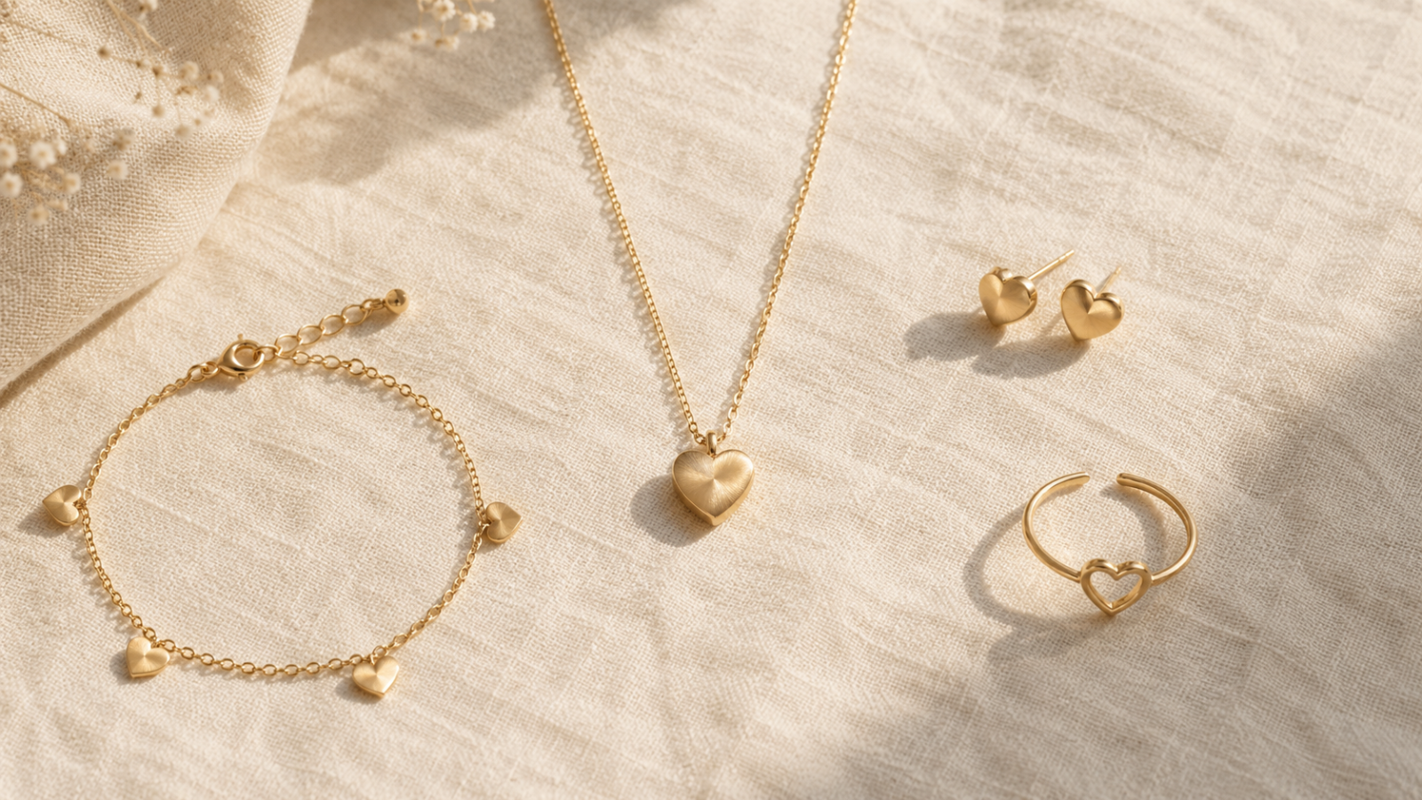 Flat lay of layered gold heart jewelry on cream linen — heart pendant necklace, heart charm bracelet, and gold stud earrings