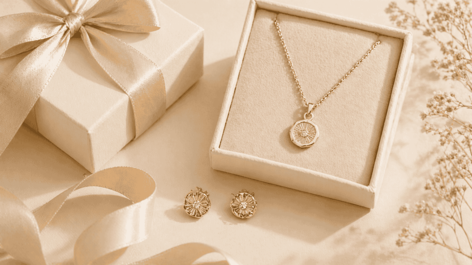 Gold plated hypoallergenic jewelry pieces arranged with gift packaging including pendant necklace earrings and bracelet for sensitive skin recipients