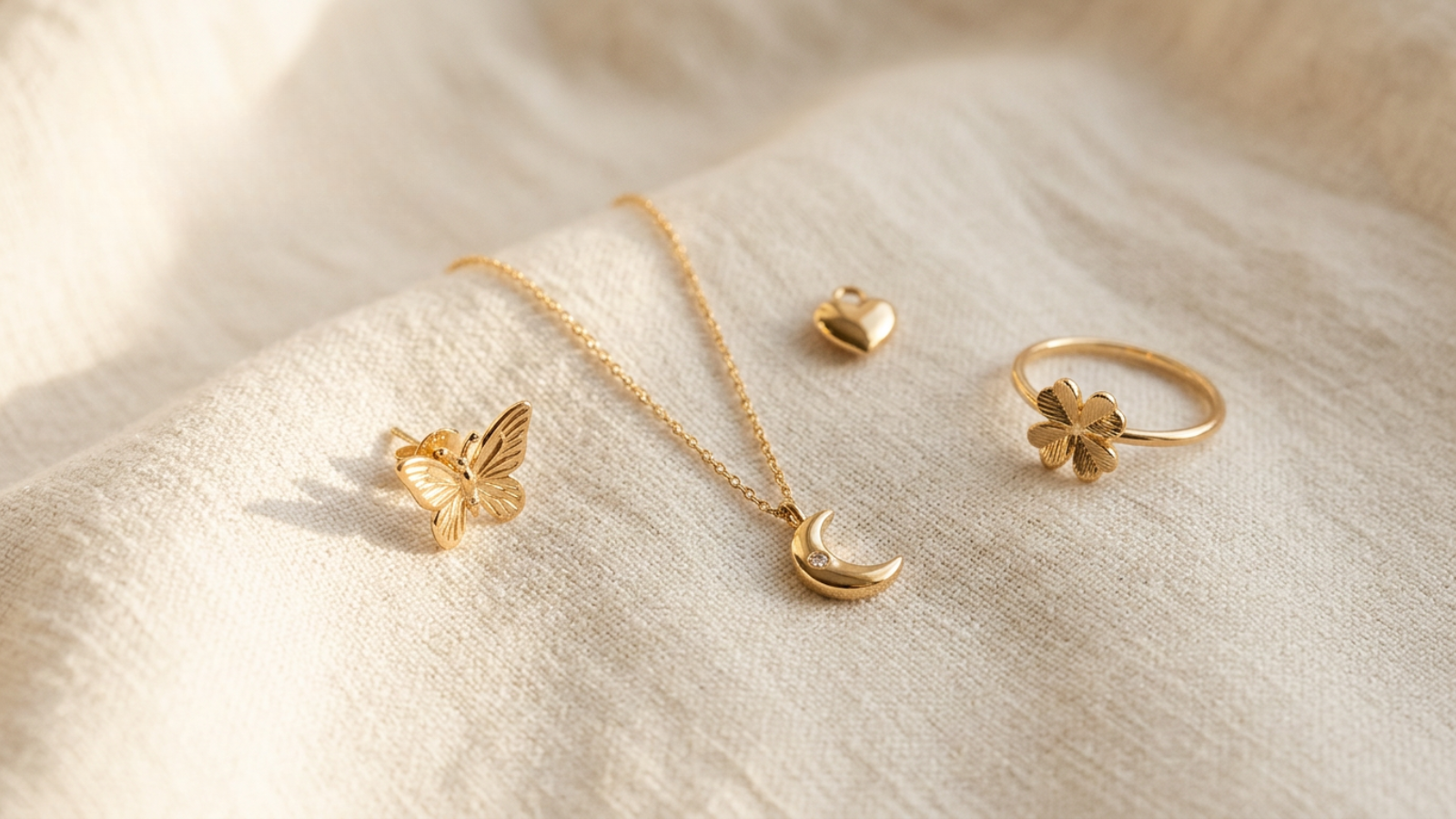 Flat lay of 18K gold-plated symbolic jewelry on cream linen — butterfly stud earring, crescent moon pendant necklace, gold heart charm, and four-leaf clover ring
