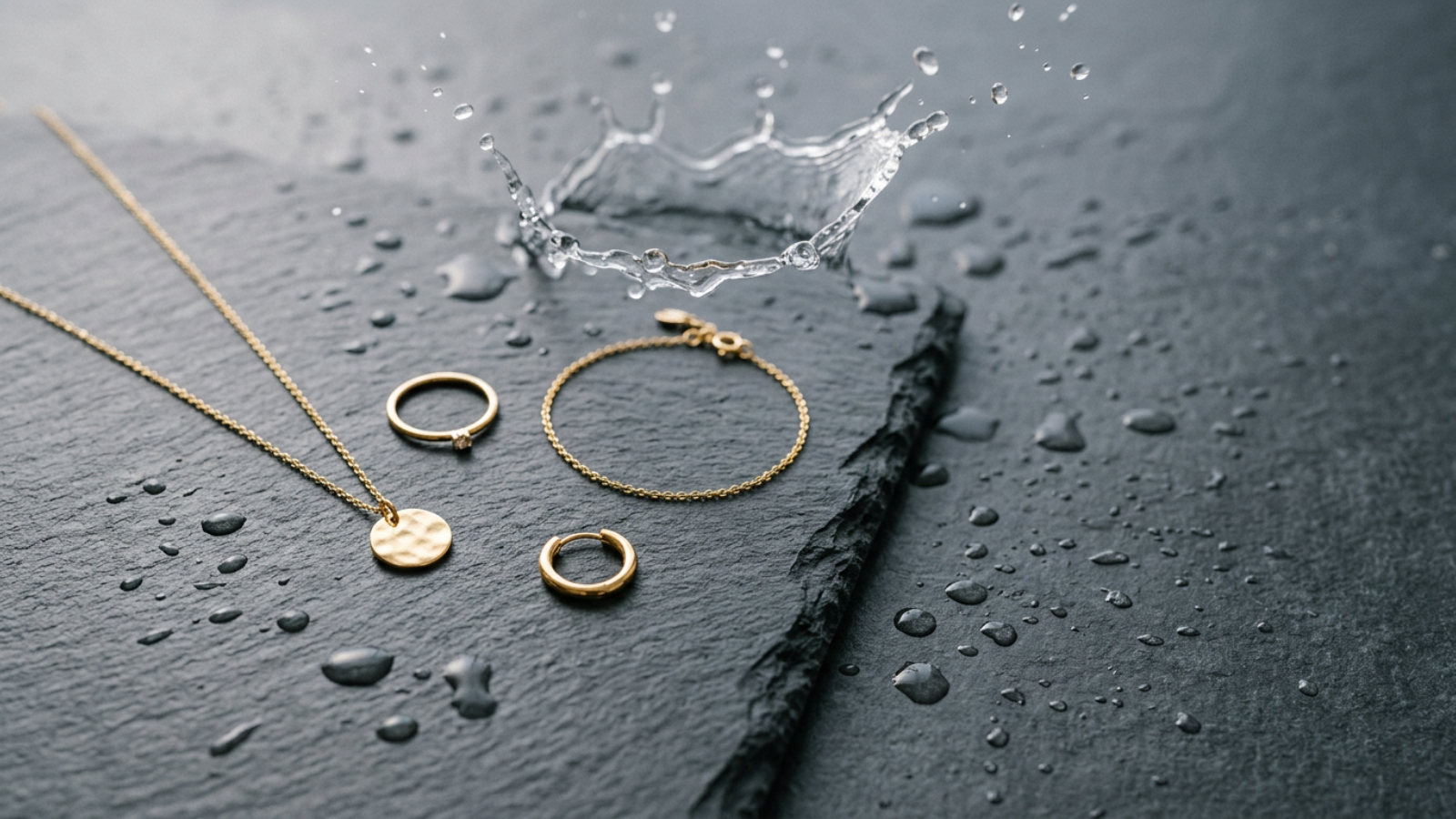 18K gold plated stainless steel jewelry photographed beside water droplets on a stone surface, illustrating waterproof Canadian everyday wear