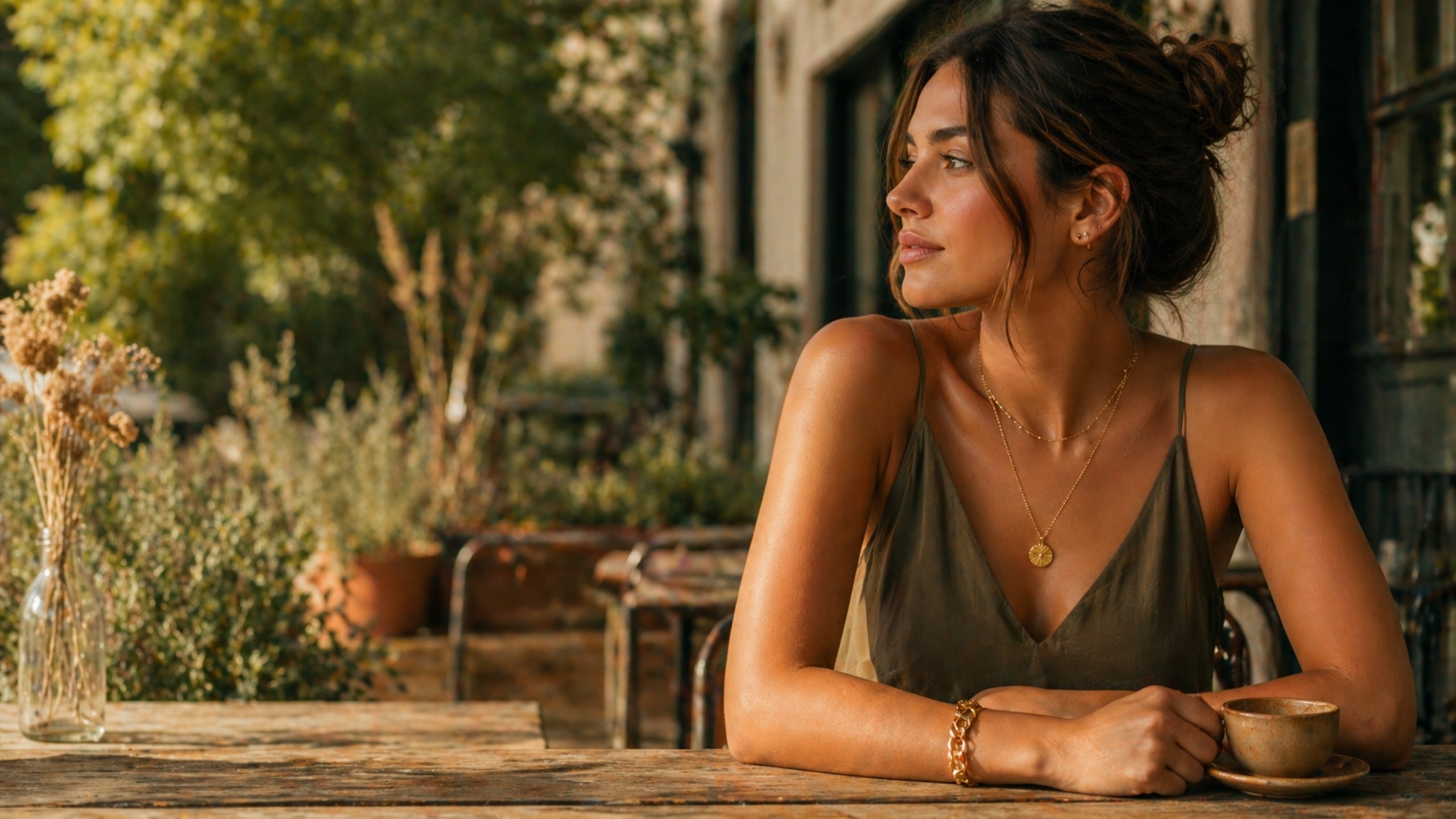 Woman wearing Glozya gold-plated jewelry at an outdoor cafe