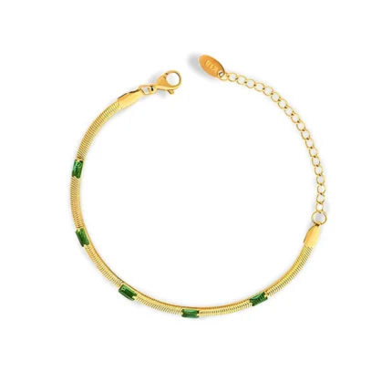 Glozya 18K Gold Plated Adjustable Bracelet with Green Stones, featuring a sleek snake chain design and elegant green stone accents.