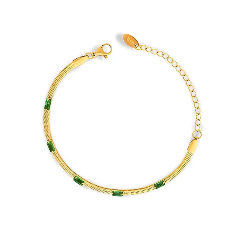 Glozya 18K Gold Plated Adjustable Bracelet with Green Stones, featuring a sleek snake chain design and elegant green stone accents.
