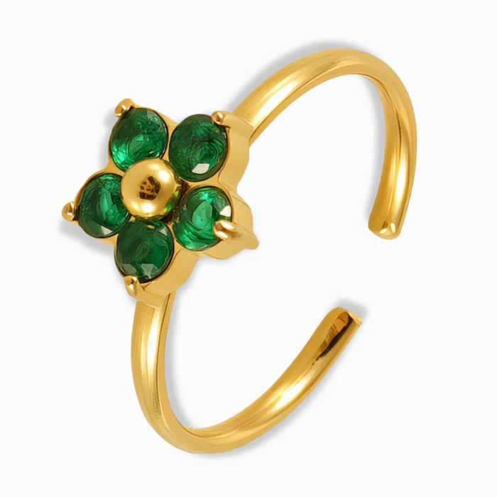 18K Gold Plated Adjustable Green CZ Flower Ring – Elegant & Vibrant