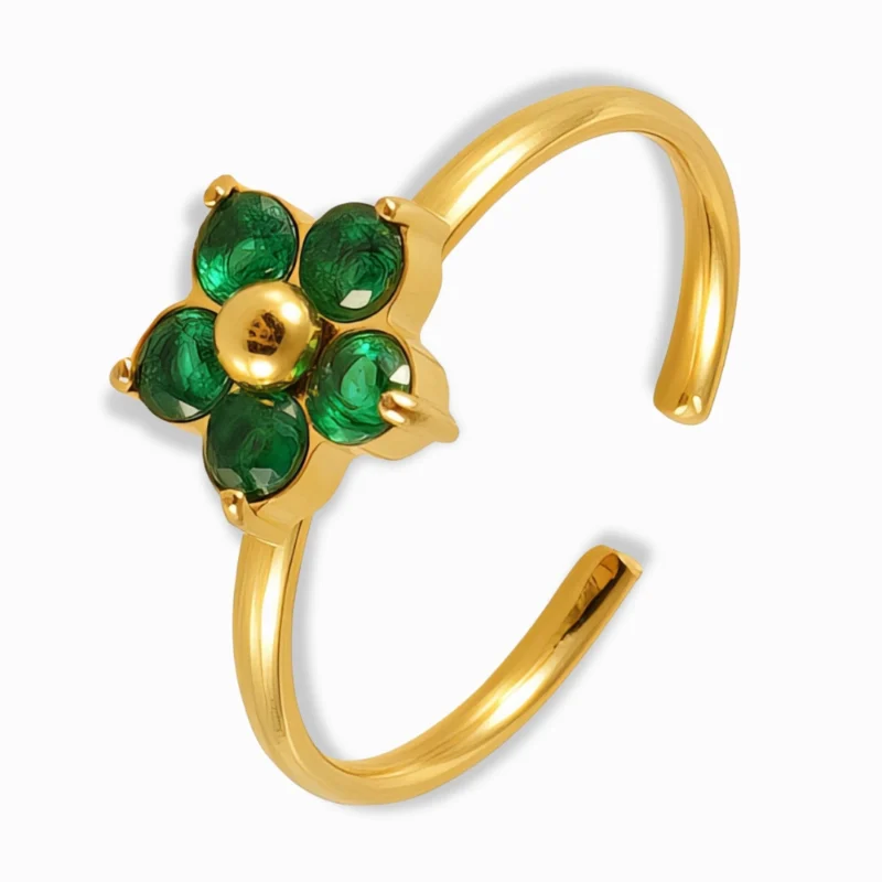 18K Gold Plated Adjustable Green CZ Flower Ring – Elegant & Vibrant