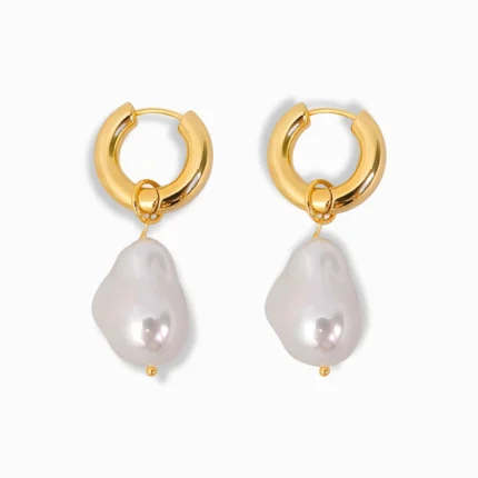Glozya 18K Gold Plated Baroque Pearl Congo Earrings featuring unique baroque-style pearls suspended from waterproof, hypoallergenic gold-plated stainless steel hoops.