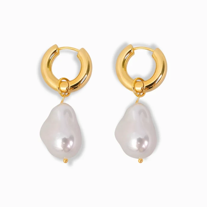 Glozya 18K Gold Plated Baroque Pearl Congo Earrings featuring unique baroque-style pearls suspended from waterproof, hypoallergenic gold-plated stainless steel hoops.