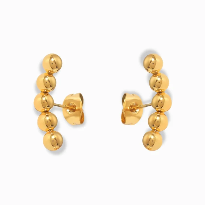 Glozya 18K Gold Plated Beaded Stud Earrings featuring a minimalist, beaded design crafted from waterproof, hypoallergenic stainless steel with a polished gold finish.