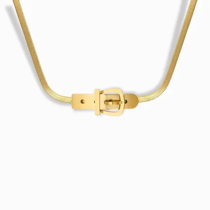 18K gold plated belt buckle pendant necklace on a herringbone chain.