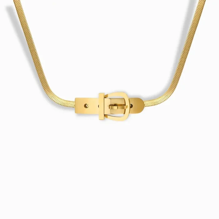 18K gold plated belt buckle pendant necklace on a herringbone chain.