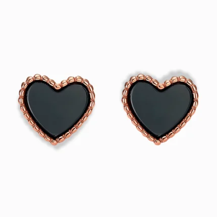Glozya 18K Gold Plated Black Heart Stud Earrings with a rose gold-plated stainless steel frame, featuring a sleek black enamel heart, hypoallergenic and waterproof.