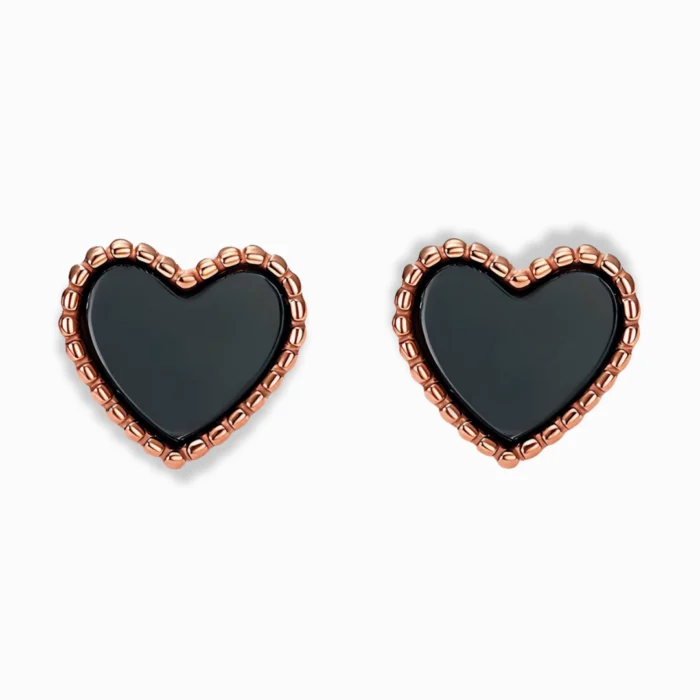 Glozya 18K Gold Plated Black Heart Stud Earrings with a rose gold-plated stainless steel frame, featuring a sleek black enamel heart, hypoallergenic and waterproof.